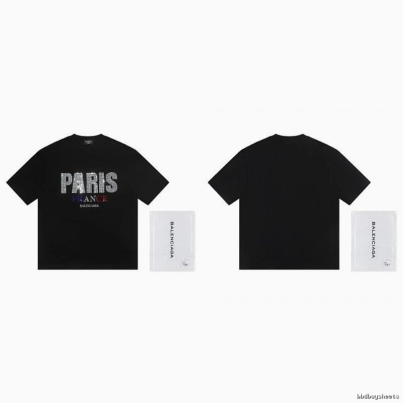 Balenciaga PARIS Rhinestone-Embellished Streetwear Black T-Shirt