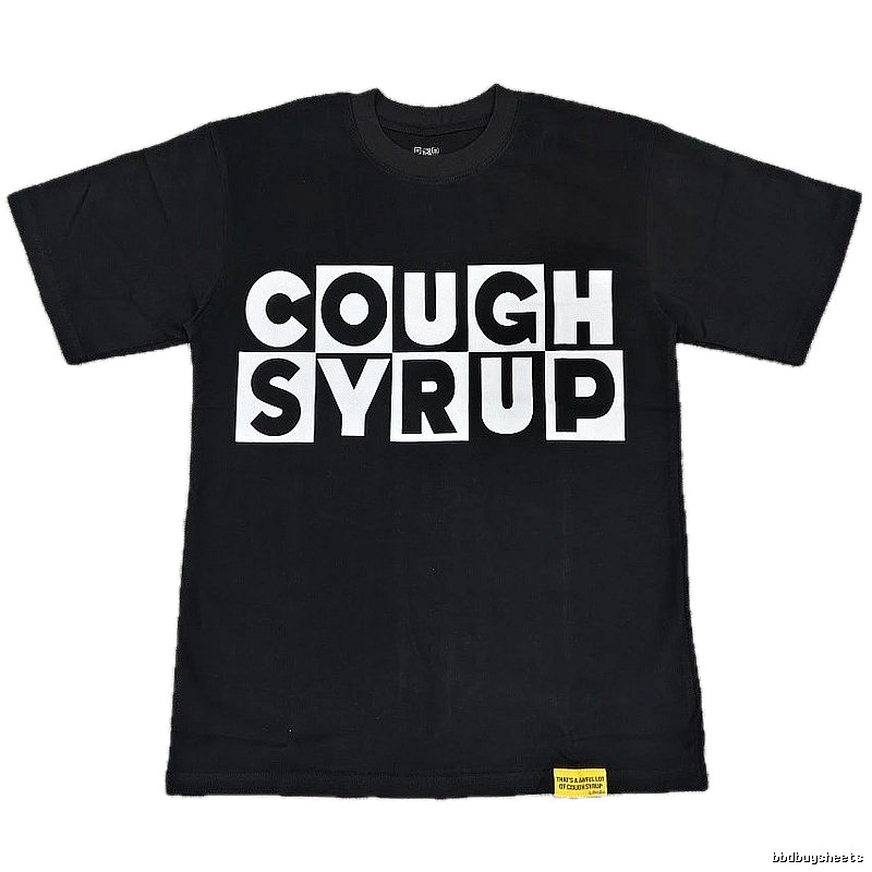 Black street-style short-sleeve T-shirt with COUGH SYRUP print