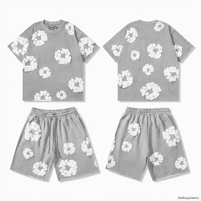 DENIM TEARS Flower Grey Short-sleeve and Shorts Set