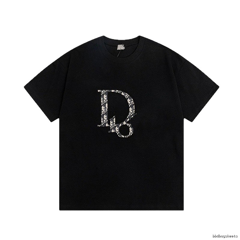 Dior Monogram Embroidered Minimalist Style Black Short-sleeve T-shirt