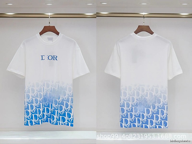 Dior Oblique Gradient Trendy Style Blue and White Short-sleeved T-shirt
