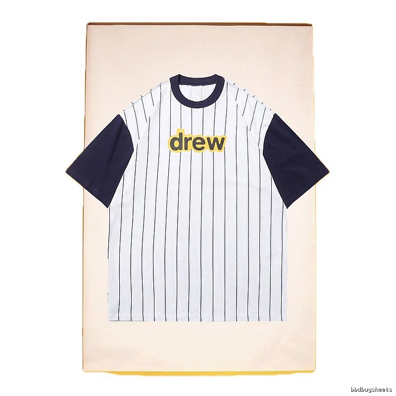 DREW Letter Print Street Style White and Navy Blue Short Sleeve T-Shirt