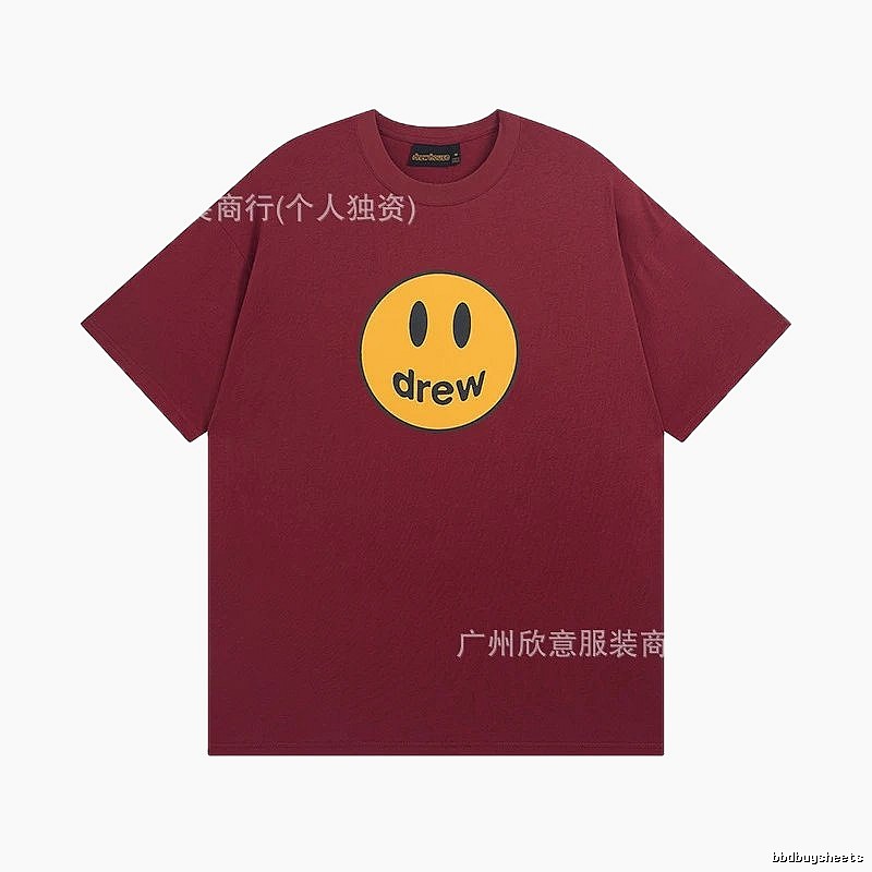 DREW Smiley Face Streetwear Style Burgundy Short Sleeve T-Shirt