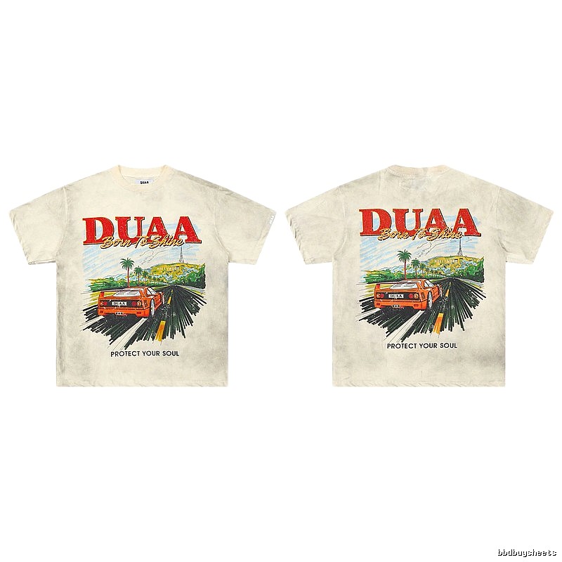 DUAA Sports Car Print American Retro Off-white Short Sleeve T-Shirt