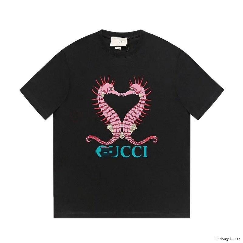 Gucci Double Seahorse Print Trendy Style Black T-Shirt