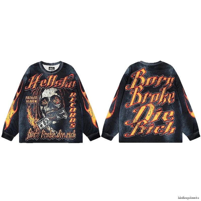 Hellstar Skull Flame Street Style Black & Orange Long Sleeve T-Shirt