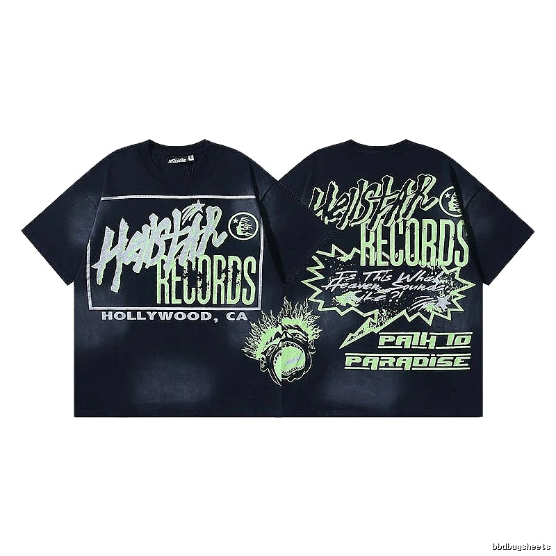 HellstarRecords Street Style Black and Green Short Sleeve T-Shirt