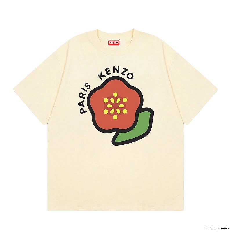 KENZO Begonia Print Casual Style Beige Short Sleeve T-Shirt