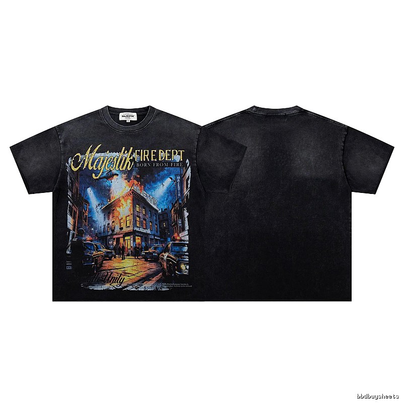 MAJESTIK Fire Department Vintage Distressed Black Printed T-shirt