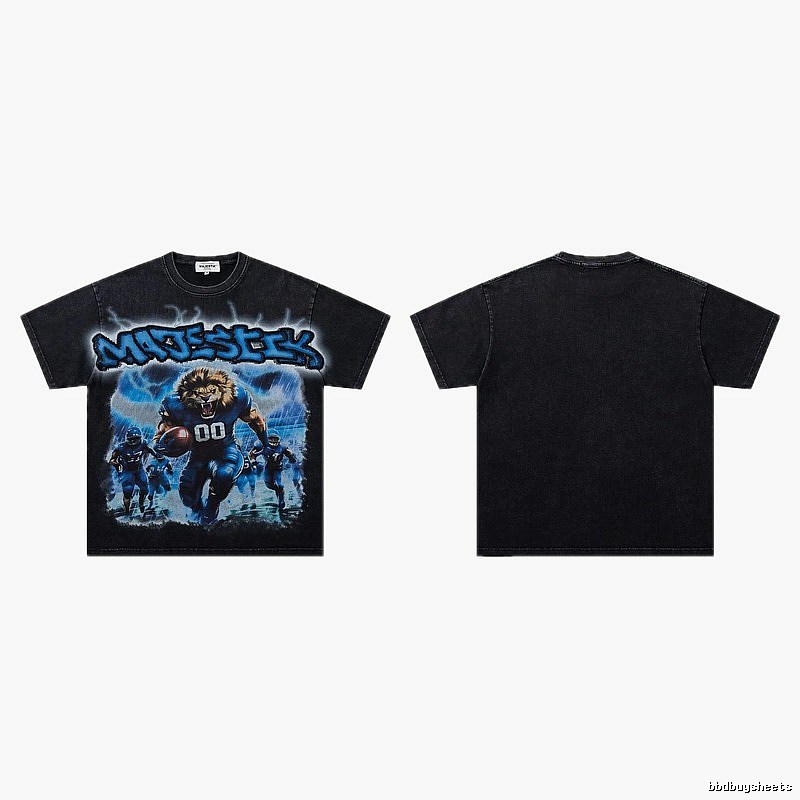 MAJESTIK Lion Head Rugby American Retro Black T-Shirt