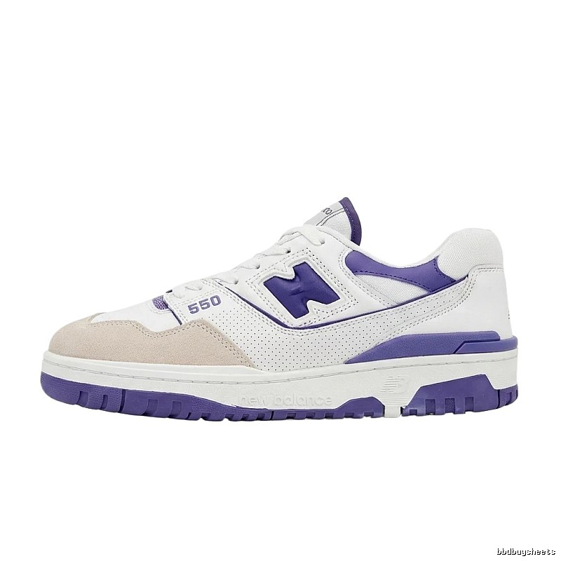 New Balance 550 retro style white and purple shoes