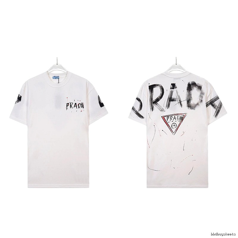 Prada Triangle Logo Graffiti Street Style White Short-sleeve T-shirt