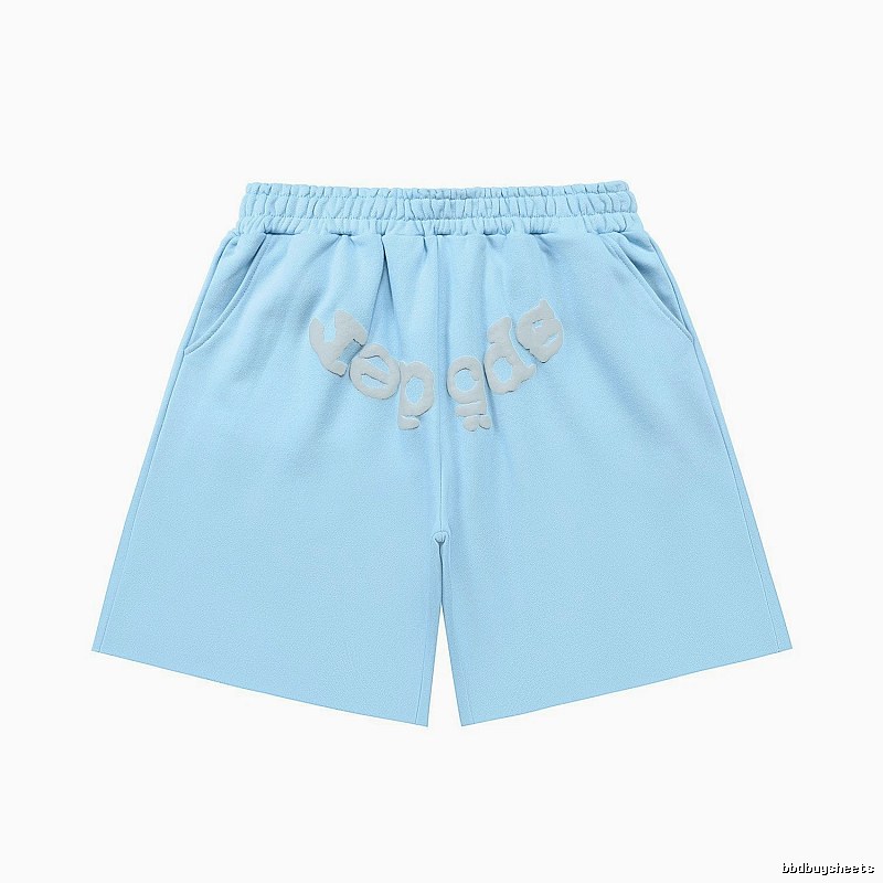 Sp5der letter-style light blue shorts