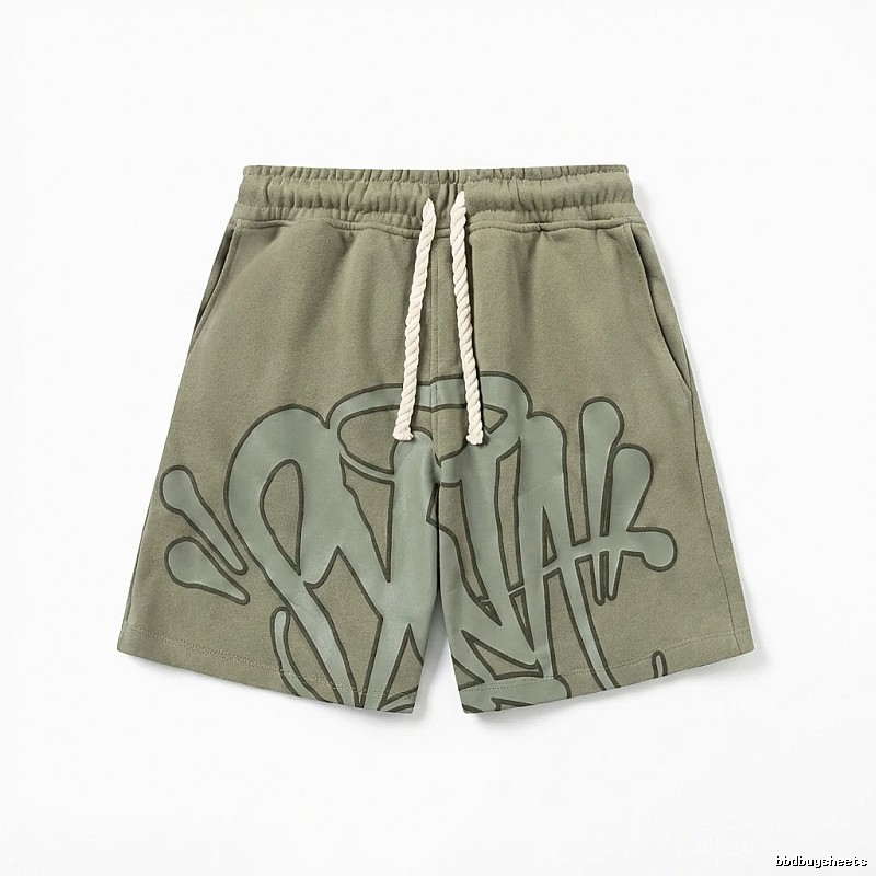 SynaWorld graffiti-style military green shorts