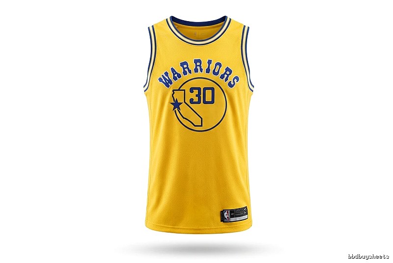 The No. 30 yellow jersey of the Golden State Warriors of Curry.