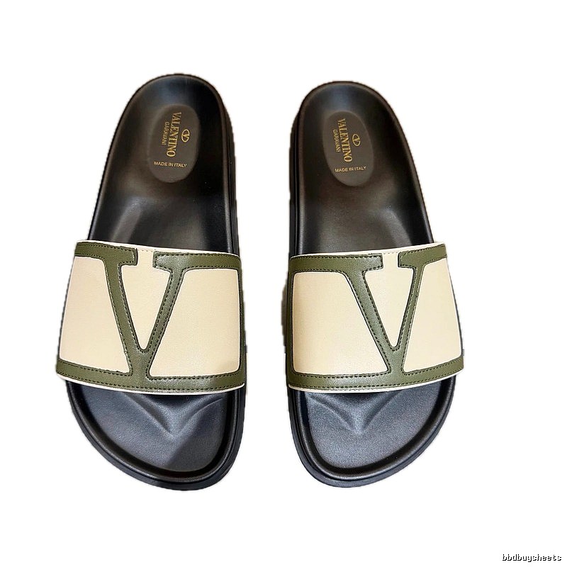 Valentino Big V Minimalist Style Beige-Green Color-block Slide Sandals