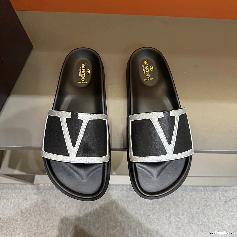 Valentino Large V Logo Light Luxury Style Black and Silver Slide Sandals